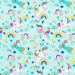 Tissu licorne arc en ciel bleu