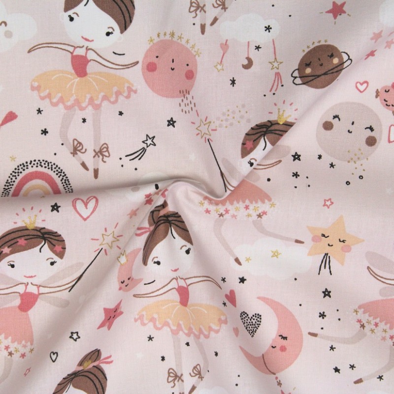 Tissu coton fée princesse vieux rose Mes petits cotons by Paulo